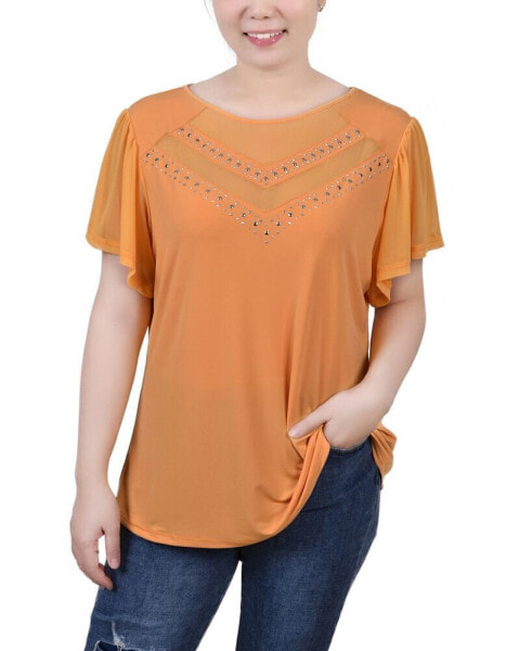 Petite Studded Short Flutter Sleeve Top