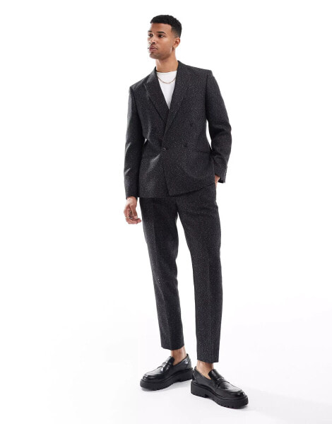 ASOS DESIGN tapered herringbone suit trousers in black