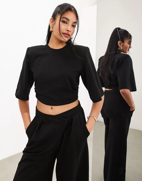 ASOS EDITION premium jersey shoulder pad boxy crop t-shirt in black