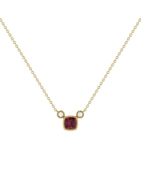 Cushion Ruby Gemstone Round Natural Diamond 14K Yellow Gold Birthstone Necklace
