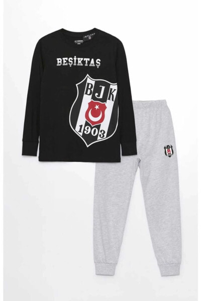 LCW Kids Bisiklet Yaka Beşiktaş Baskılı Uzun Kollu Erkek Çocuk Pijama Takımı