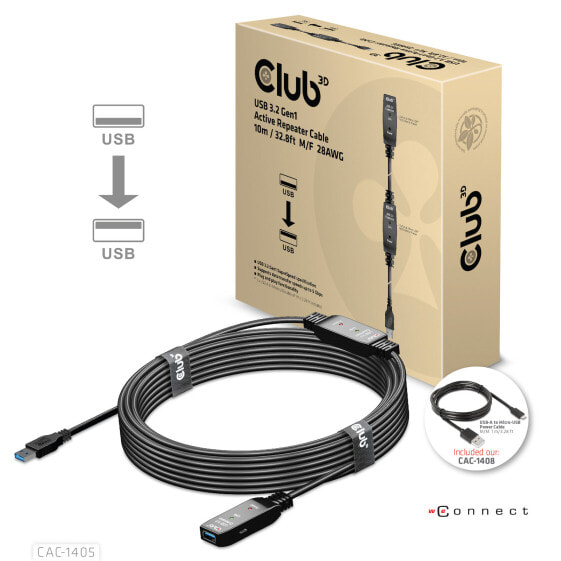 Club 3D USB 3.2 Gen1 Active Repeater Cable 10m / 32.8ft M/F 28AWG - 10 m - USB A - USB A - USB 3.2 Gen 2 (3.1 Gen 2) - Black