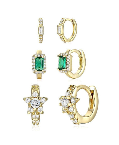 Sterling Silver 14k Gold Plated with Emerald & Cubic Zirconia Halo Star 3-Piece Hoop Earrings Set