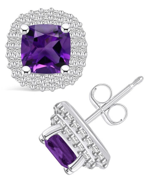 Amethyst (1-3/4 ct. t.w.) and Diamond (3/8 ct. t.w.) Halo Stud Earrings in 14K White Gold