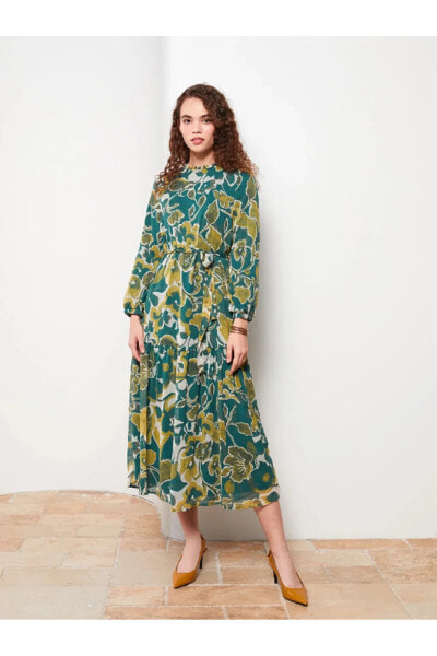 LCW Modest Fırfırlı Dik Yaka Desenli Uzun Kollu Kadın Elbise