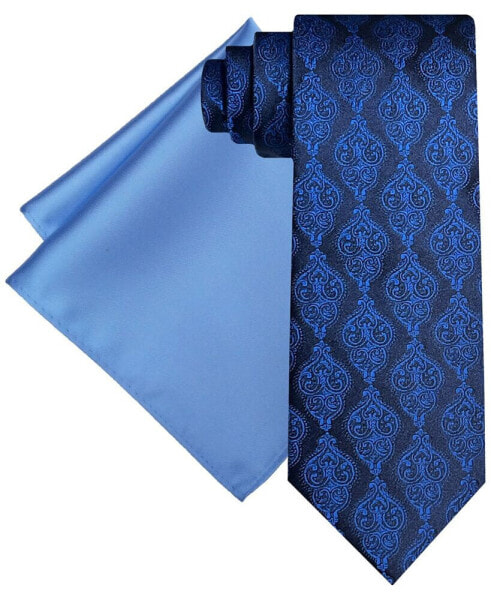Men's Ornate Royal Tie & Solid Pocket Square Set