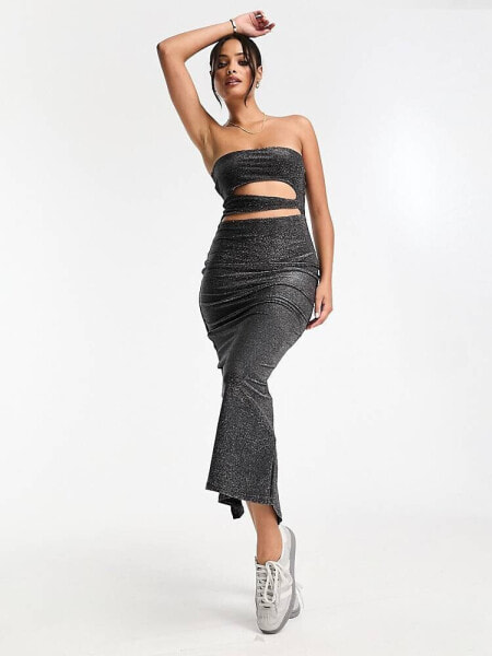 Bershka glitter cut out midi dress in dark silver