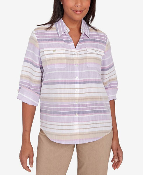 Charm School Women's Horizontal Stripe Button Down Top