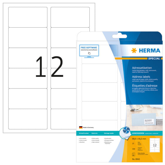 HERMA Inkjet address labels A4 88.9x46.6 mm white paper matt 300 pcs. - White - Paper - Inkjet - Matte - Permanent - Rounded rectangle
