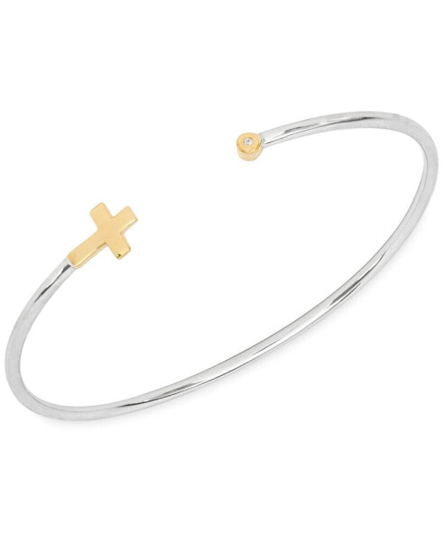 Children's Diamond Accent Cross Open Bangle Bracelet in Sterling Silver and 14K Gold over Sterling Silver