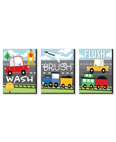 Cars, Trains, & Airplanes Kids Bathroom Rule Wall Art 7.5 x 10" Wash Brush Flush