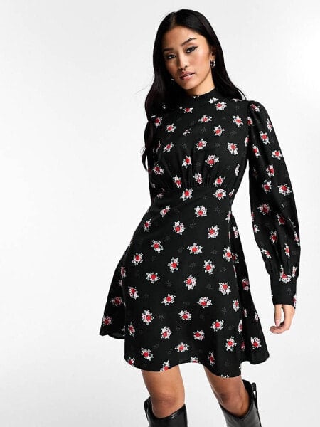 New Look high neck long sleeve mini dress in ditsy floral print