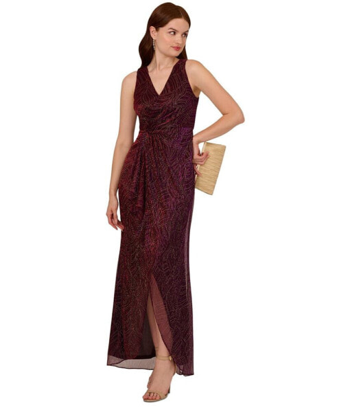 Women's Metallic Ruffled Sleeveless Faux-Wrap Gown