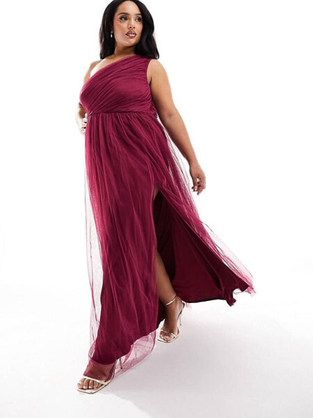 Anaya Plus Bridesmaid tulle one shoulder maxi dress in berry