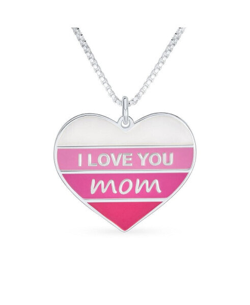 Stripe Pink Enamel Heart Inspirational Message Words I love You Mom Heart Necklace Pendant For Women Mother Sterling Silver