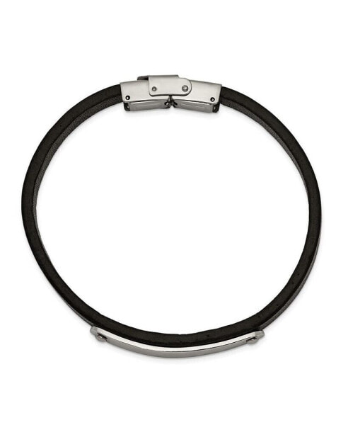 Stainless Steel Polished Black Leather ID Bracelet