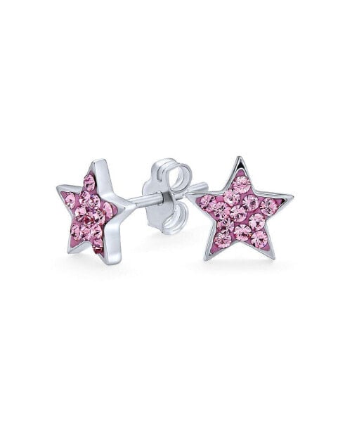 USA American Patriotic Rock Star Sparkling Pave Crystals Pink Celestial Stars Stud Earrings For Women Sterling Silver