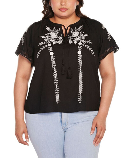 Black Label Plus Size Embroidered Tie-Neck Peasant Top