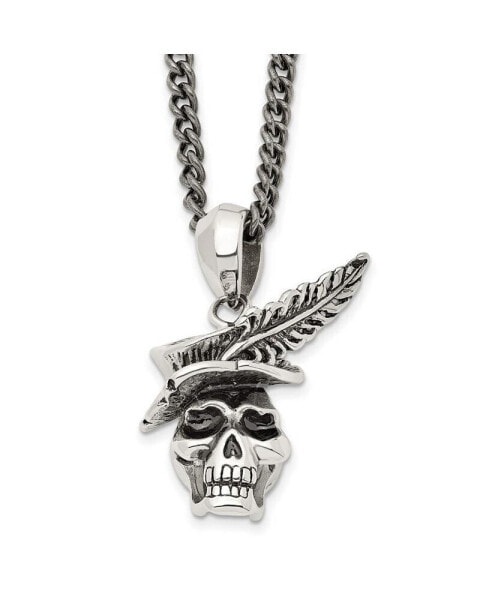 Antiqued Skull with Feather Hat Pendant Curb Chain Necklace
