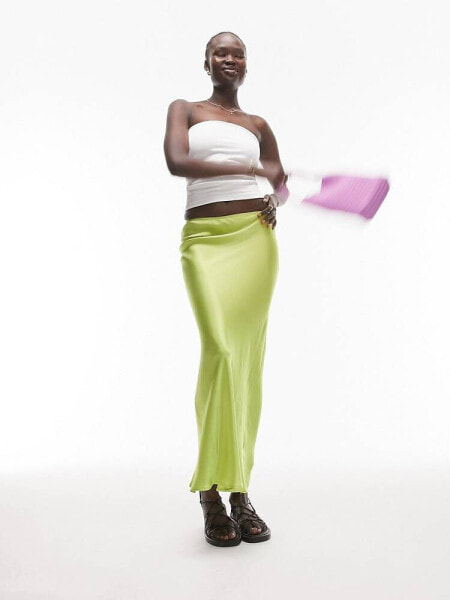 Topshop Tall satin bias maxi skirt in lime