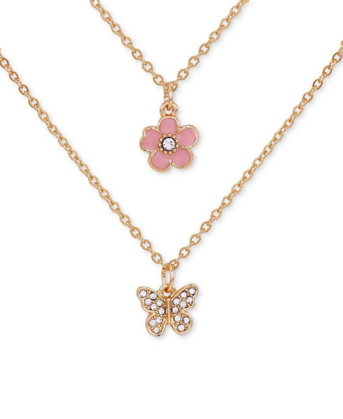 GUESS gold-Tone 2-Pc. Pink Flower & Pavé Butterfly Pendant Necklaces Set, 16" + 2" extender