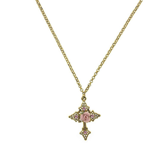 Gold-Tone Pink Crystal Cross and Pink Porcelain Rose Filigree Necklace 16" Adjustable
