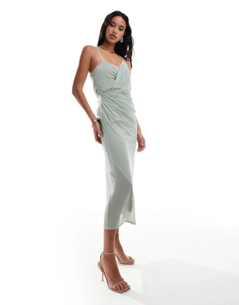 ASOS DESIGN mesh overlay halterneck midi dress with draping in sage green