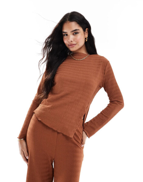 Vila slash neck textured long sleeve top co-ord in rust