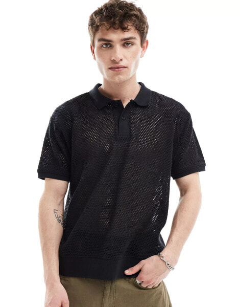 Obey open stitch knitted polo in black