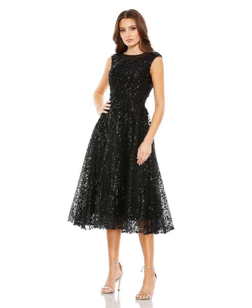 Women's Sequined Cap Sleeve Fit And Flare Dress