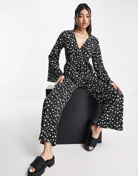 Wednesday's Girl v-neck wide leg long sleeve jumpsuit in black daisy