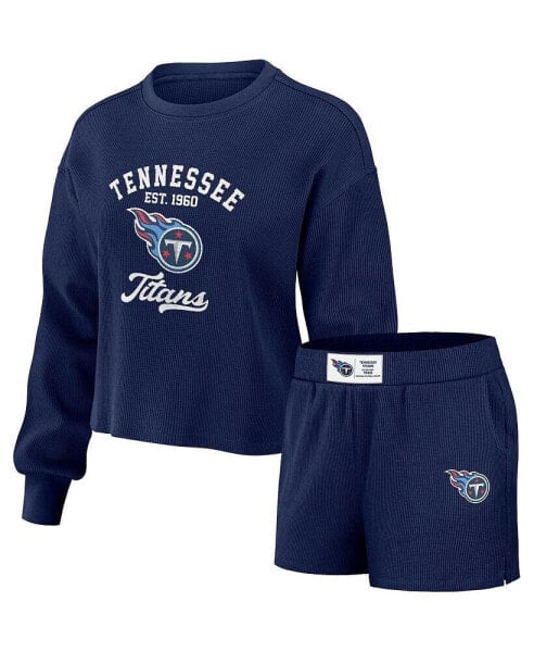 Women's Navy Distressed Tennessee Titans Waffle Knit Long Sleeve T-shirt and Shorts Lounge Set