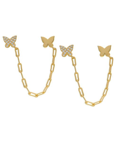 Cubic Zirconia Double Butterfly Chain Dangling Earrings