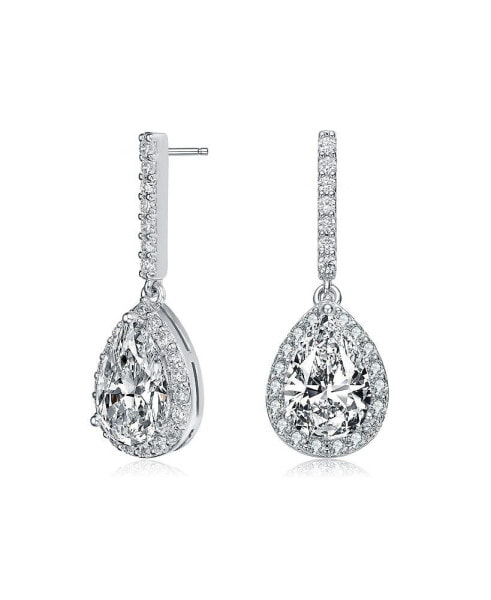 Sterling Silver with Rhodium Plated Clear Pear and Round Cubic Zirconia Halo Linear Drop Earrings