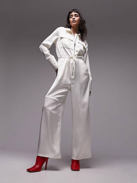 Topshop satin cargo jumpsuit in ivory