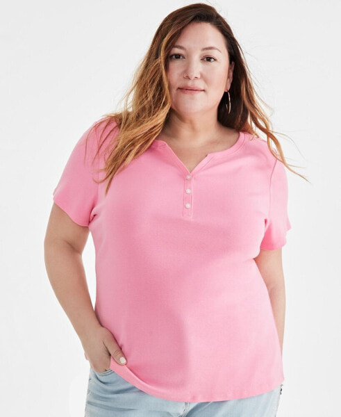 Plus Size Short-Sleeve Henley Top, Created for Macy's