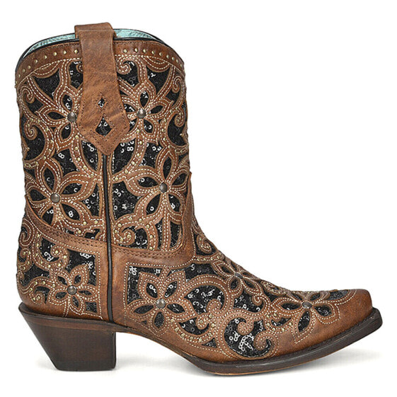 Corral Boots Tan Glitter Inlay & Studs Ankle Snip Toe Cowboy Booties Womens Size