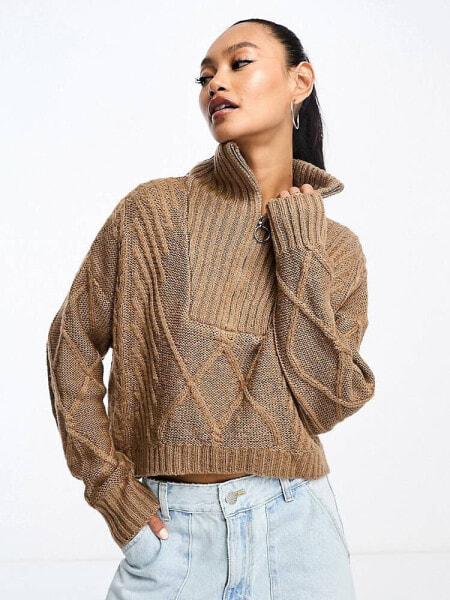 SNDYS cable knit wool mix half zip jumper in camel