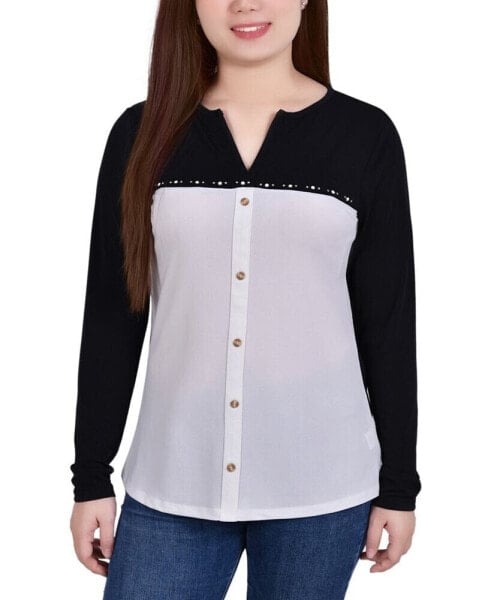 Petite Long Sleeve Studded Colorblocked Split Neck Top