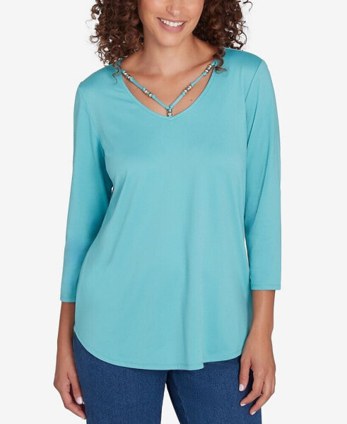 Petite V-Neck Solid Knit Top with Bead Detail