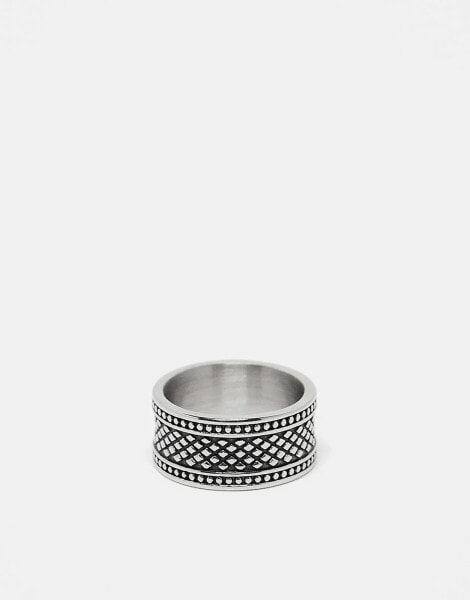 ASOS DESIGN waterproof stainless steel band ring with embossed texture in silver