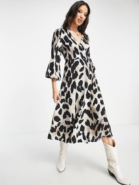 Object long sleeve midi wrap dress in leopard
