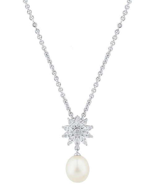 Cultured Freshwater Pearl (10 x 8mm) & Cubic Zirconia Starburst 18" Pendant Necklace in Sterling Silver