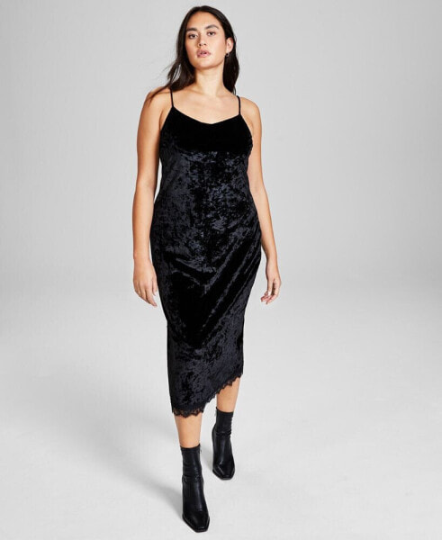 Women's Lace-Trim Velvet Slip Dress, Created for Macy's