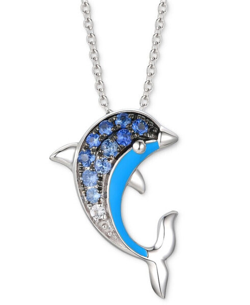 Denim Ombré (1/5 ct. t.w.) & White Sapphire Accent Dolphin Blue Enamel Pendant Necklace in 14k White Gold, 18" + 2" extender
