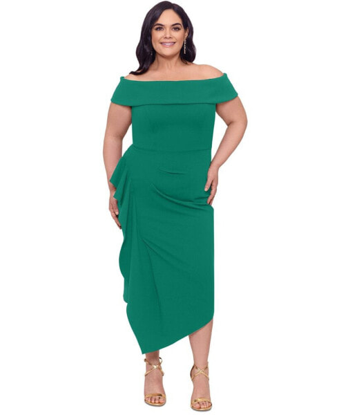 Plus Size Off-The-Shoulder Side-Drape Midi Dress