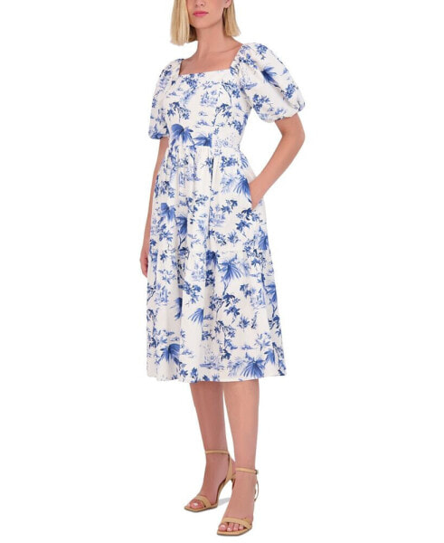 Women's Floral Puff-Sleeve Midi Dress