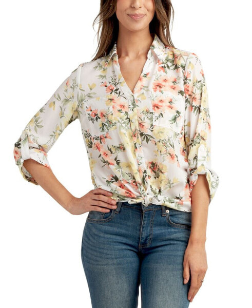 Juniors' Floral-Print Roll-Tab-Sleeve Shirt