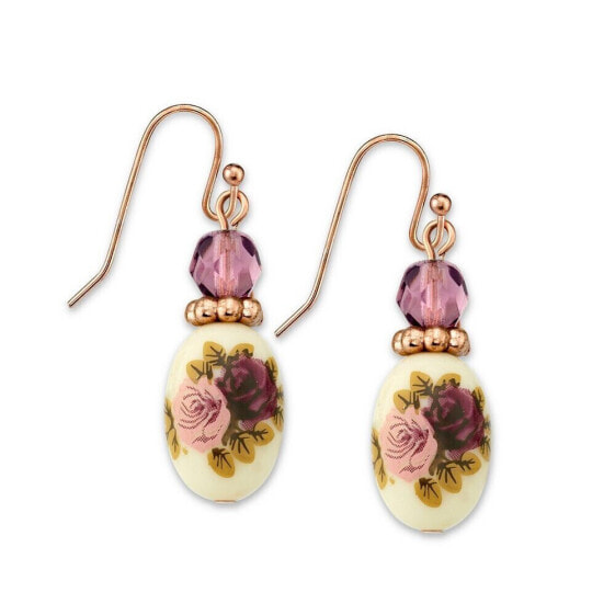 Rose Gold Tone Purple Crystal Bead Flower Drop Earrings