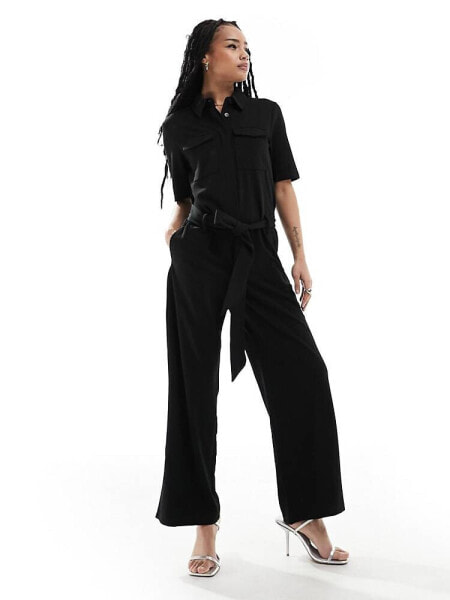 JDY Petite short sleeve pocket jumpsuit in black 